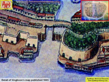 The Nai Kai Gate at the mouth of the Nai Kai Canal, present Makham Riang Canal in Ayutthaya on Vingboon's map